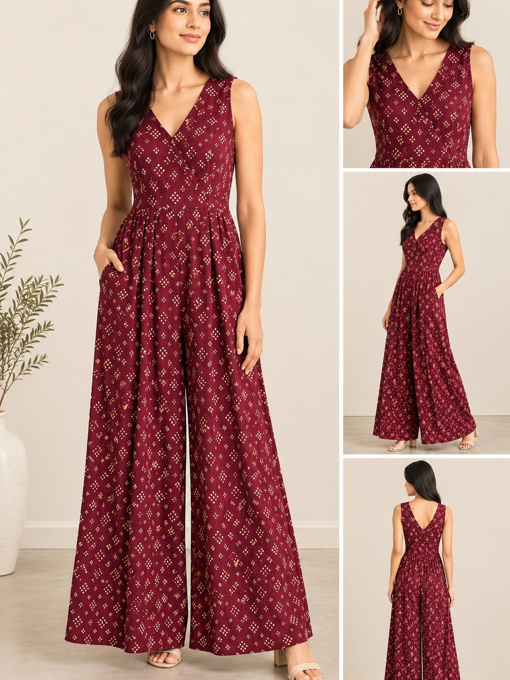 New-MABRISH Maroon & Gold Printed Wide-Leg Jump
